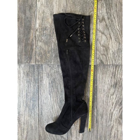 Material Girl Over the Knee High Black Velvet Stretch Boots Women size 5.5 - Picture 10 of 12